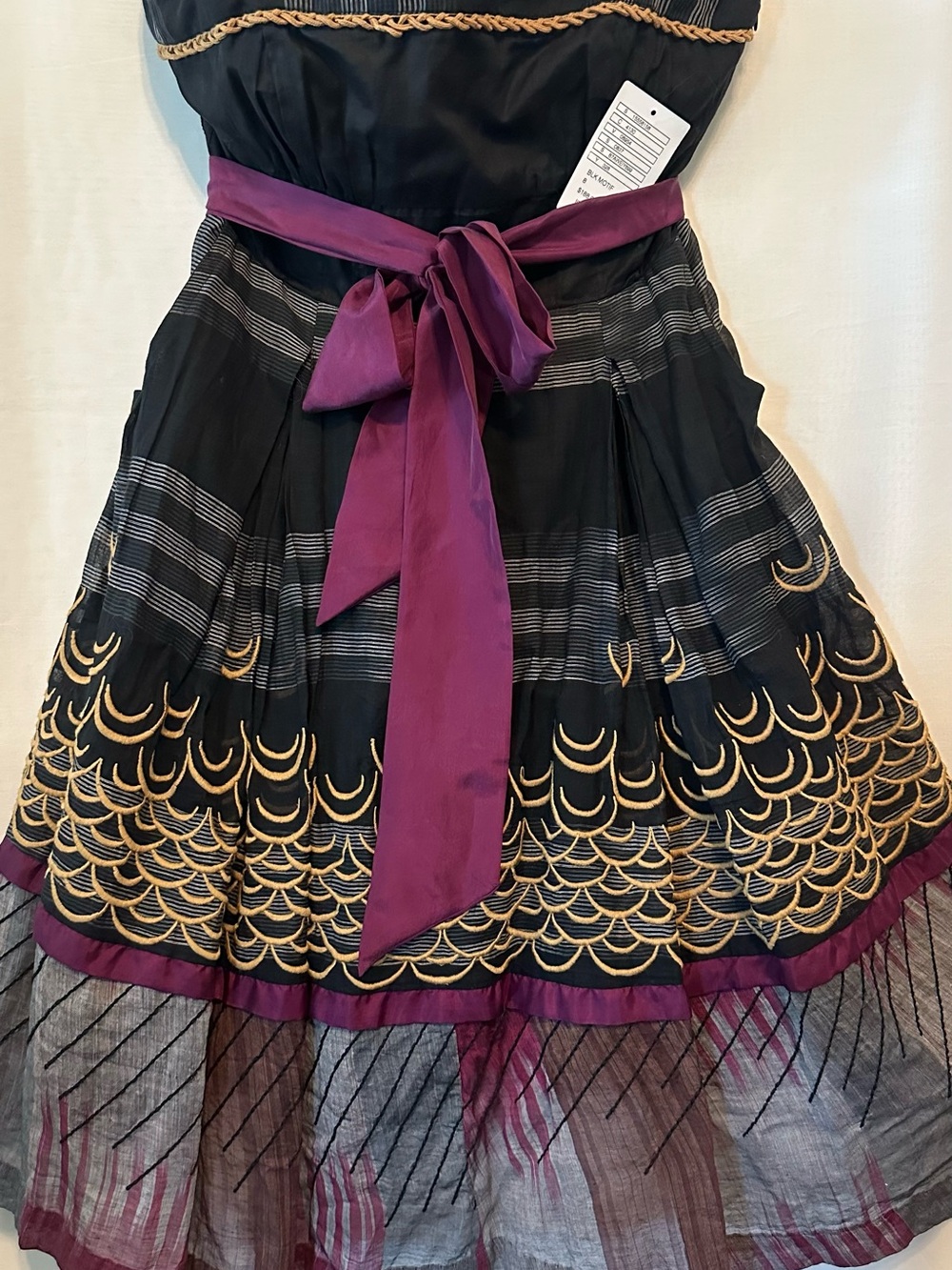 Floreat for Anthro Black Strapless Dress with Gold Trim and purple silk sash - Picture 4 of 4